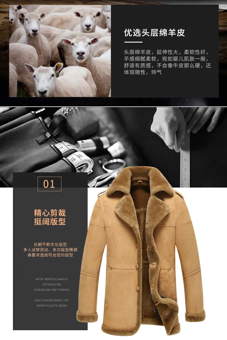 Men's Real Fur Natural Sheep Shearling Slim Long Winter Coat