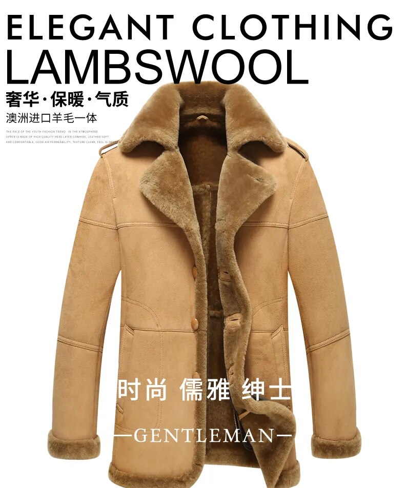 Men's Real Fur Natural Sheep Shearling Slim Long Winter Coat