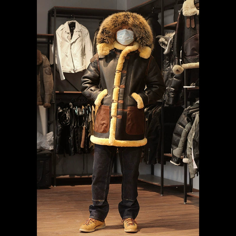 Men's Super Warm Genuine Sheep Leather Big Shearling Fur Collar Winter Jacket