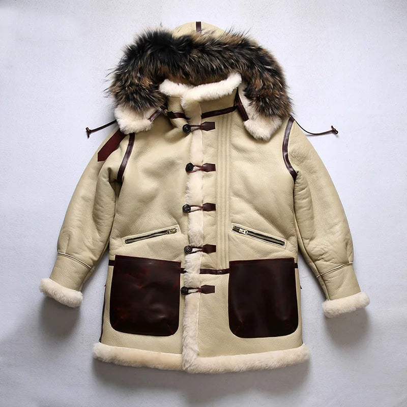 Men's Super Warm Genuine Sheep Leather Big Shearling Fur Collar Winter Jacket