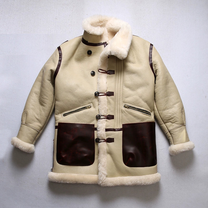 Men's Super Warm Genuine Sheep Leather Big Shearling Fur Collar Winter Jacket