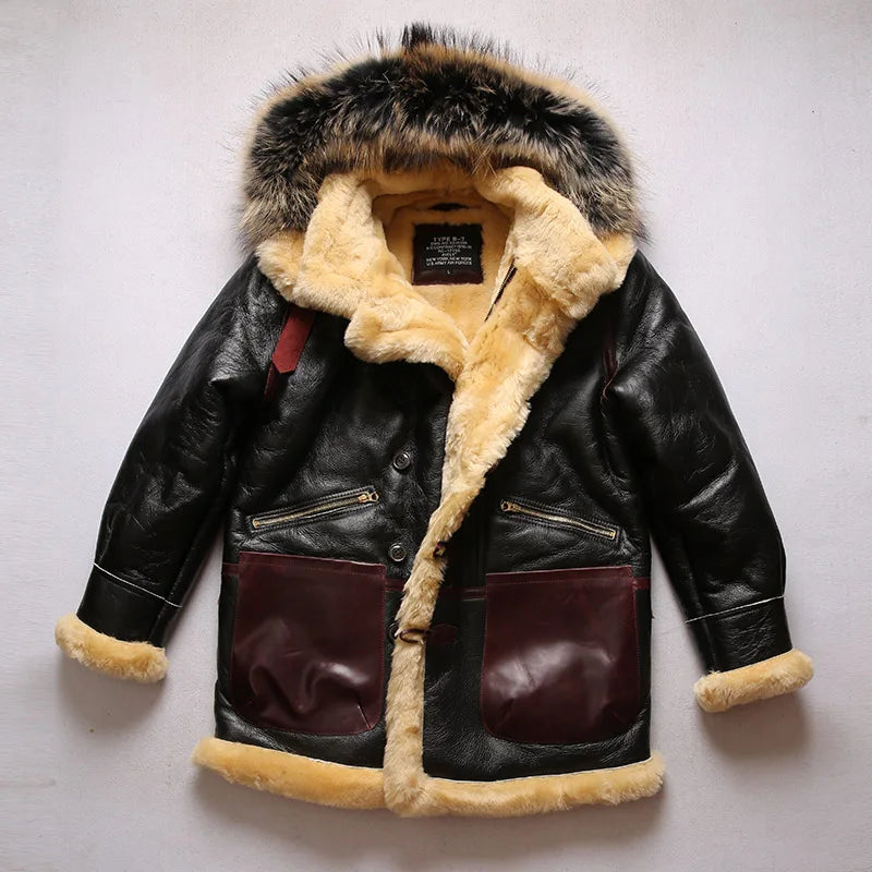 Men's Super Warm Genuine Sheep Leather Big Shearling Fur Collar Winter Jacket