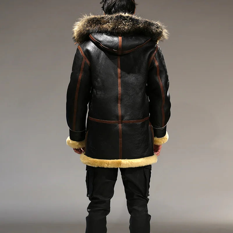 Men's Super Warm Genuine Sheep Leather Big Shearling Fur Collar Winter Jacket