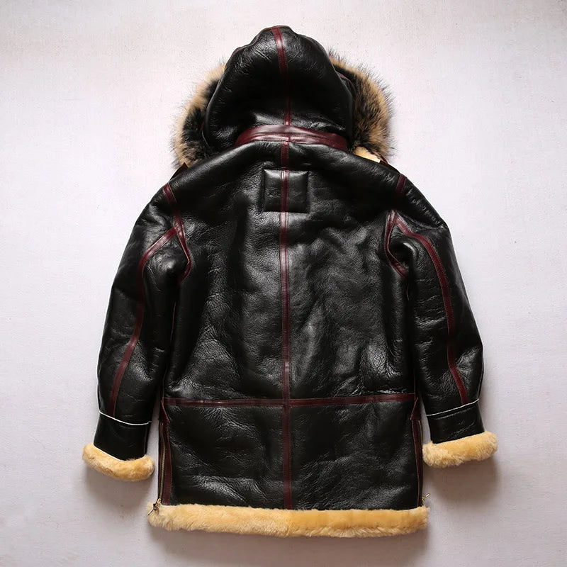 Men's Super Warm Genuine Sheep Leather Big Shearling Fur Collar Winter Jacket