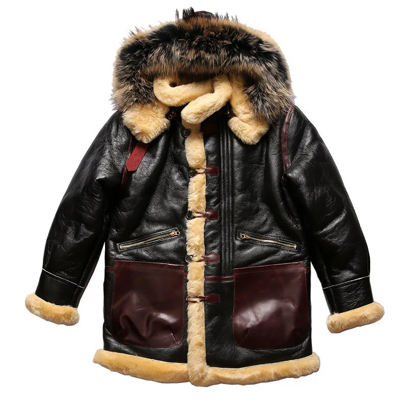 Men's Super Warm Genuine Sheep Leather Big Shearling Fur Collar Winter Jacket