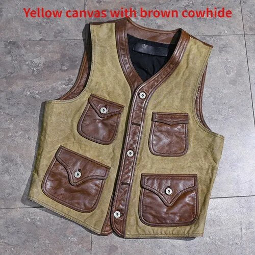 Men's Vintage Oil Wax Cowhide Leather Slim Short Canvas Vest Jackets