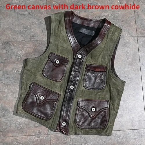 Men's Vintage Oil Wax Cowhide Leather Slim Short Canvas Vest Jackets