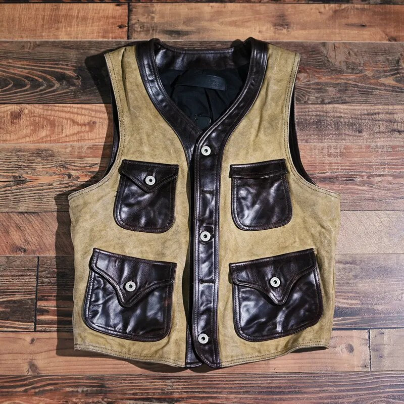 Men's Vintage Oil Wax Cowhide Leather Slim Short Canvas Vest Jackets