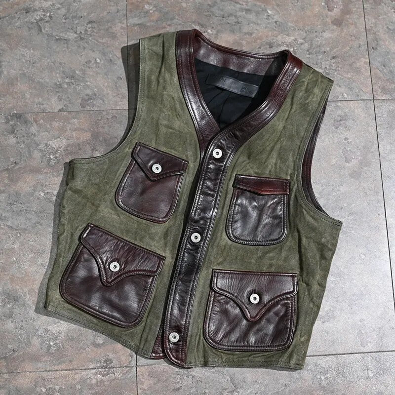 Men's Vintage Oil Wax Cowhide Leather Slim Short Canvas Vest Jackets