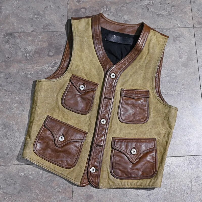 Men's Vintage Oil Wax Cowhide Leather Slim Short Canvas Vest Jackets