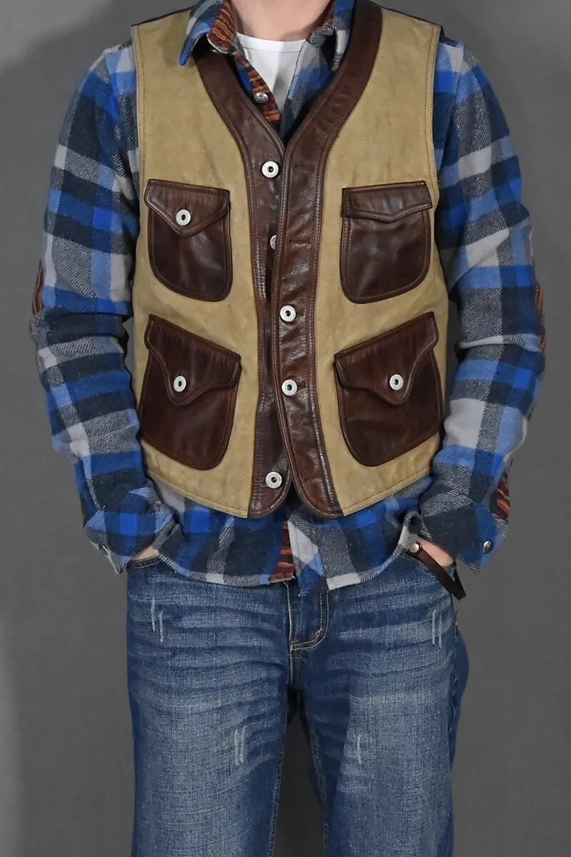 Men's Vintage Oil Wax Cowhide Leather Slim Short Canvas Vest Jackets