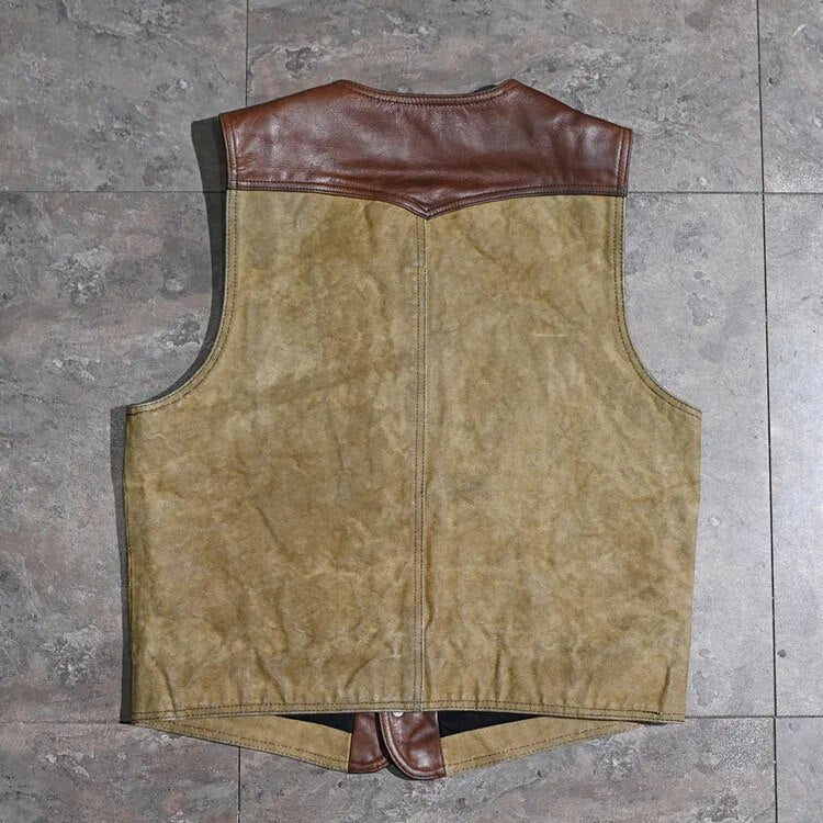 Men's Vintage Oil Wax Cowhide Leather Slim Short Canvas Vest Jackets