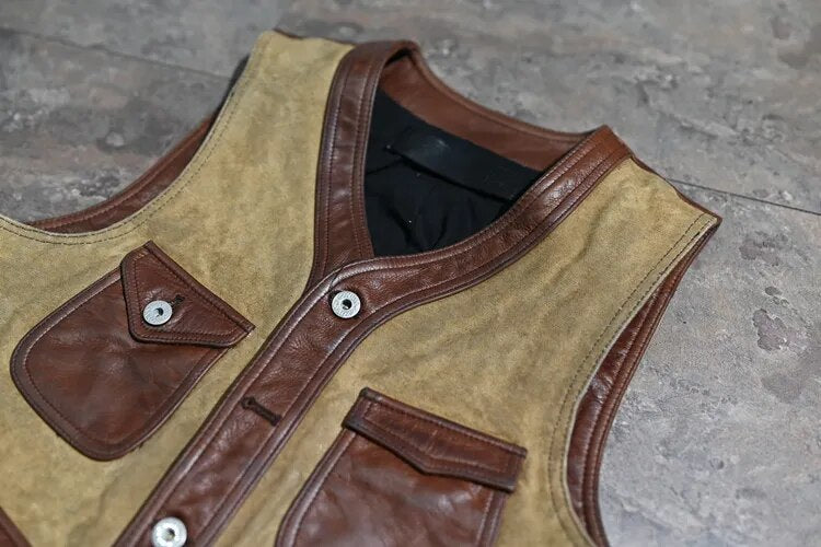 Men's Vintage Oil Wax Cowhide Leather Slim Short Canvas Vest Jackets