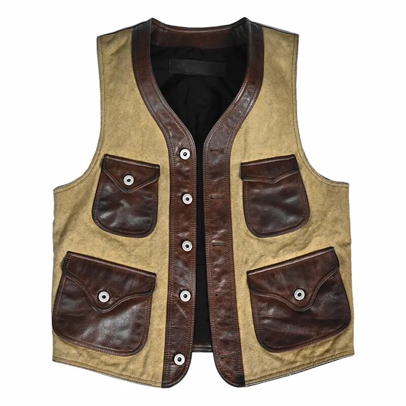 Men's Vintage Oil Wax Cowhide Leather Slim Short Canvas Vest Jackets