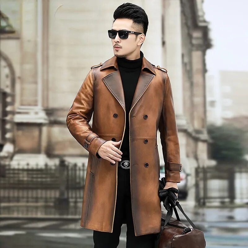 Men's Vintage Sheepskin Leather Double-Breasted Long Trench Coat