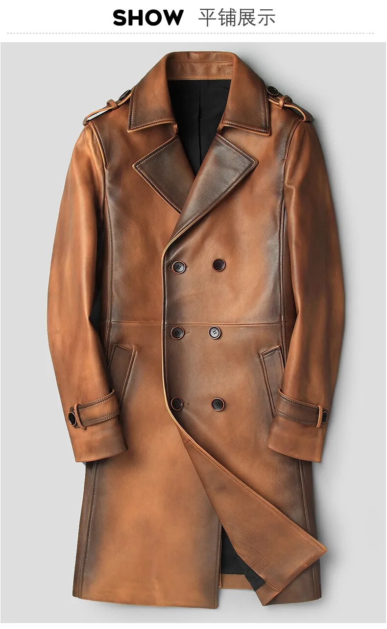 Men's Vintage Sheepskin Leather Double-Breasted Long Trench Coat