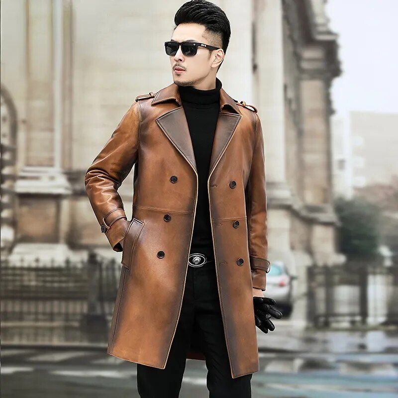 Men's Vintage Sheepskin Leather Double-Breasted Long Trench Coat