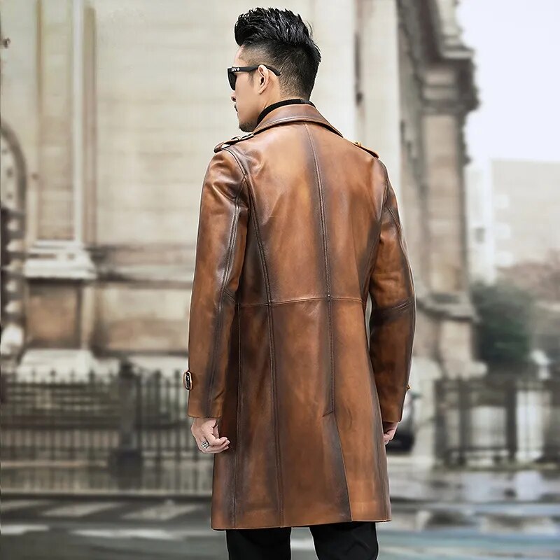 Men's Vintage Sheepskin Leather Double-Breasted Long Trench Coat