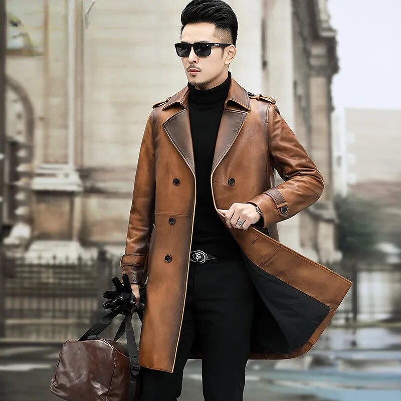 Men's Vintage Sheepskin Leather Double-Breasted Long Trench Coat