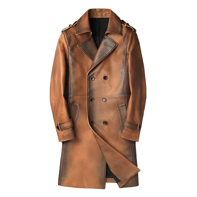 Men's Vintage Sheepskin Leather Double-Breasted Long Trench Coat