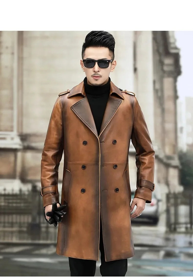 Men's Vintage Sheepskin Leather Double-Breasted Long Trench Coat