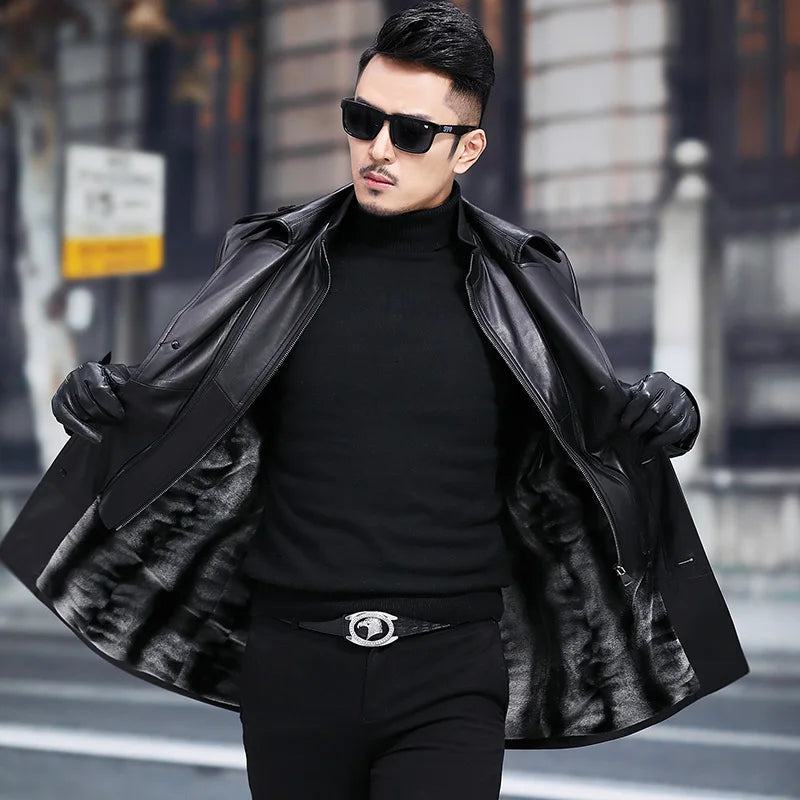 Men's Winter Casual Top Layer Sheepskin Leather Single Breasted Jacket