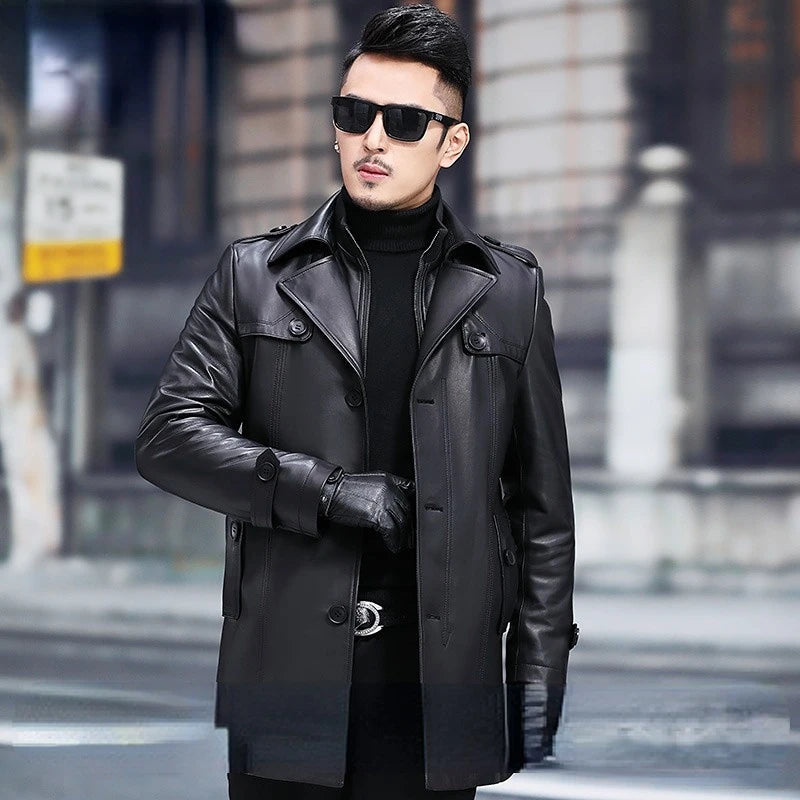 Men's Winter Casual Top Layer Sheepskin Leather Single Breasted Jacket