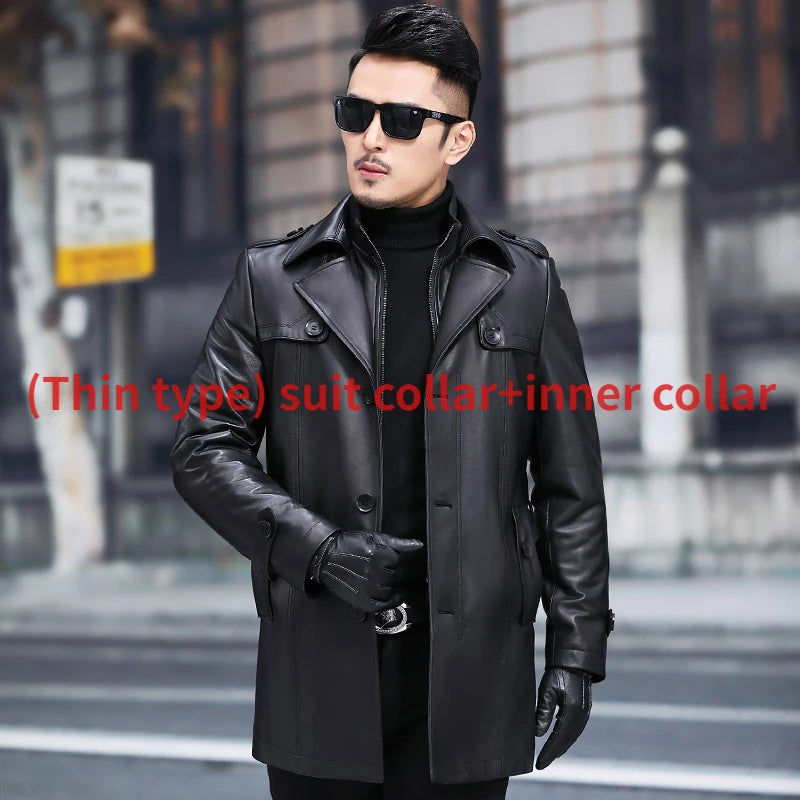 Men's Winter Casual Top Layer Sheepskin Leather Single Breasted Jacket