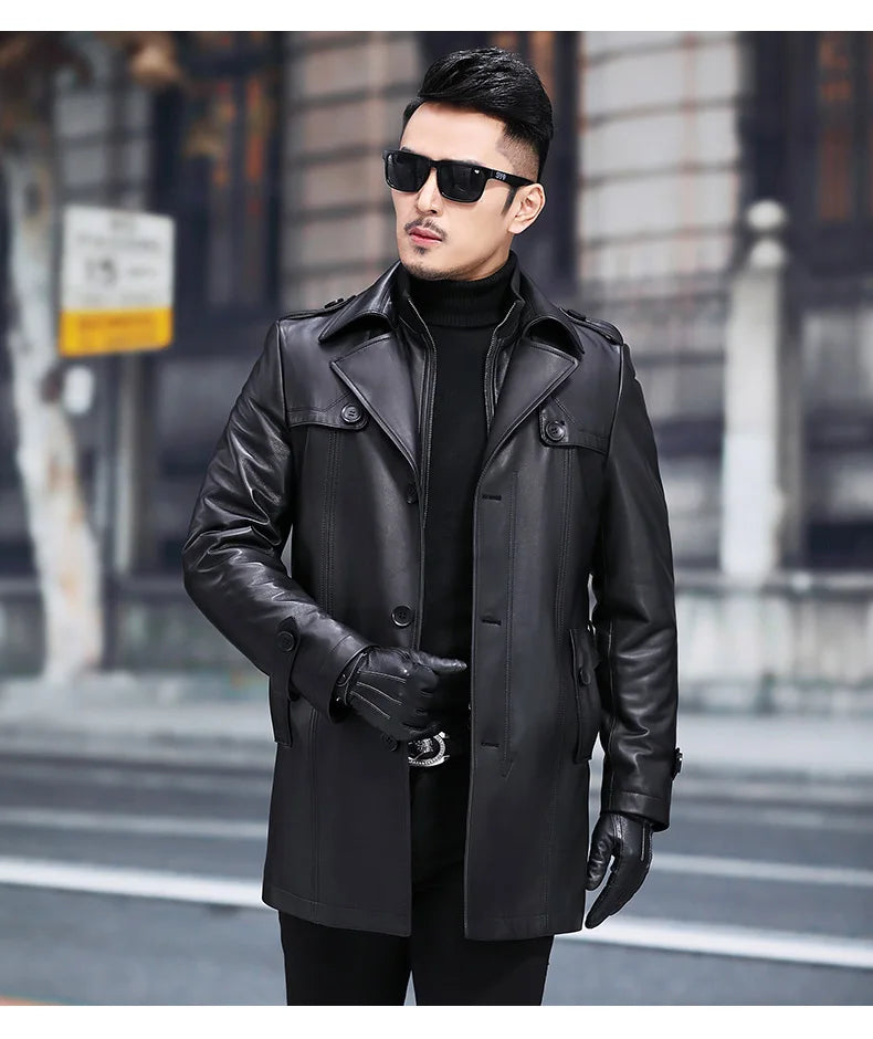 Men's Winter Casual Top Layer Sheepskin Leather Single Breasted Jacket