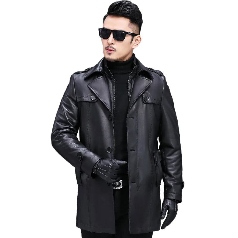 Men's Winter Casual Top Layer Sheepskin Leather Single Breasted Jacket