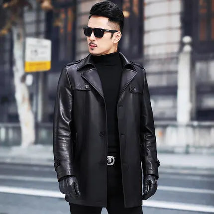 Men's Winter Casual Top Layer Sheepskin Leather Single Breasted Jacket