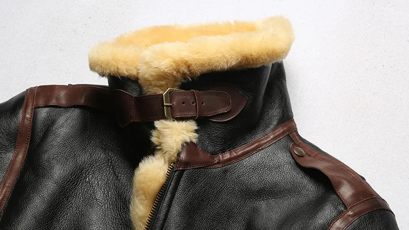 Men's Winter Super Warm Sheep Leather Big Shearling Fur Military Jacket