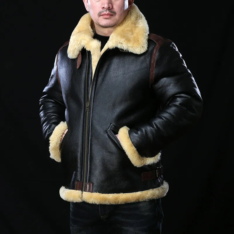 Men's Winter Super Warm Sheep Leather Big Shearling Fur Military Jacket