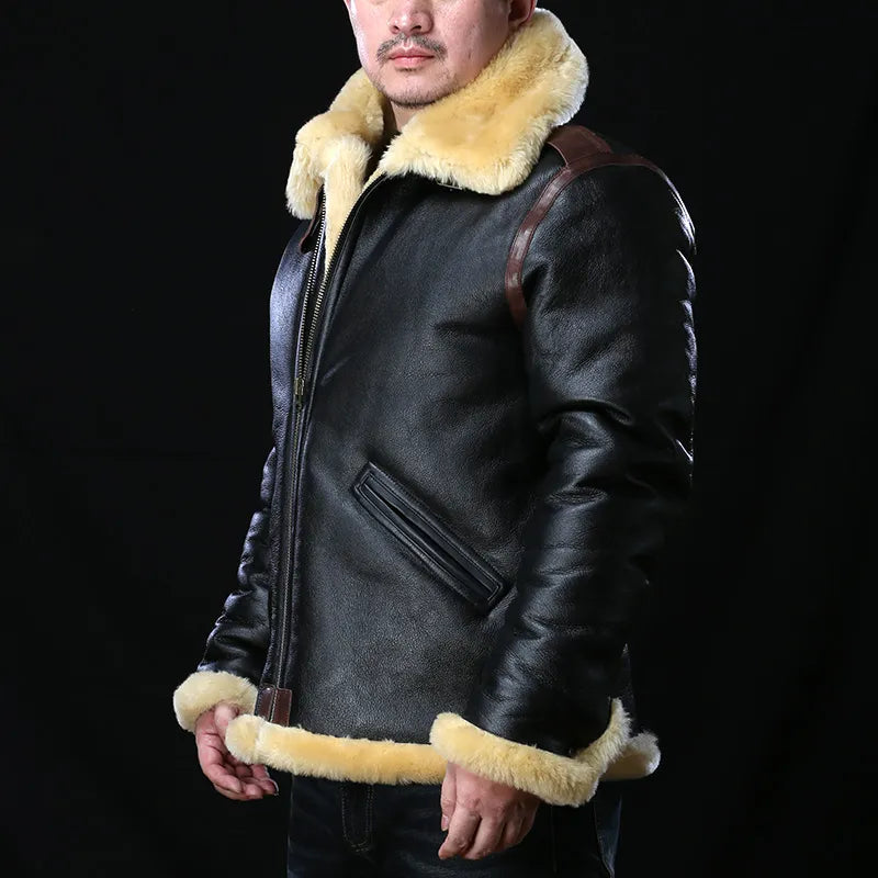 Men's Winter Super Warm Sheep Leather Big Shearling Fur Military Jacket