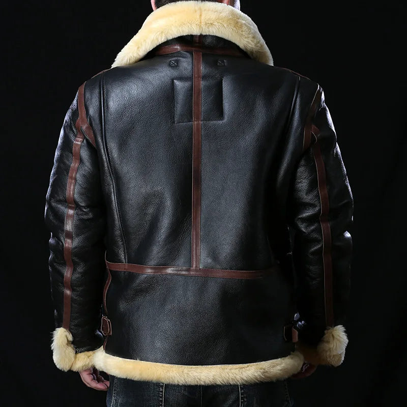 Men's Winter Super Warm Sheep Leather Big Shearling Fur Military Jacket