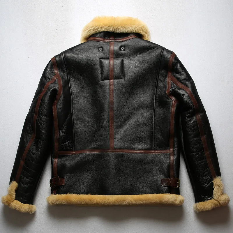 Men's Winter Super Warm Sheep Leather Big Shearling Fur Military Jacket