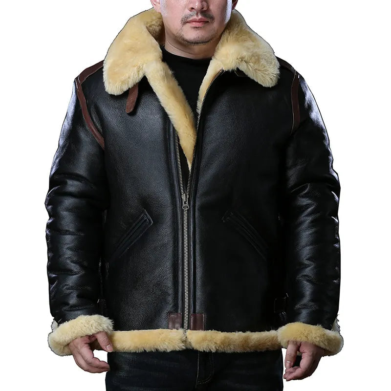 Men's Winter Super Warm Sheep Leather Big Shearling Fur Military Jacket