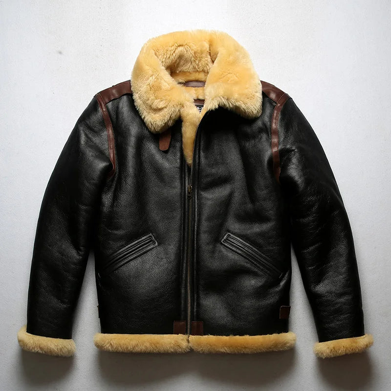 Men's Winter Super Warm Sheep Leather Big Shearling Fur Military Jacket