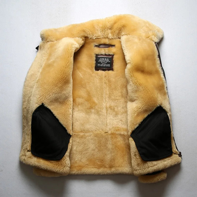 Men's Winter Super Warm Sheep Leather Big Shearling Fur Military Jacket