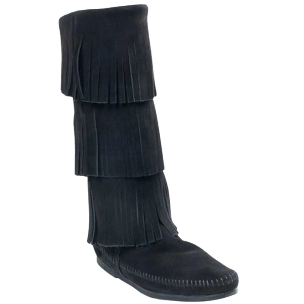 Minnetonka 3 Layer Fringe Boot Black Suede (Women's)