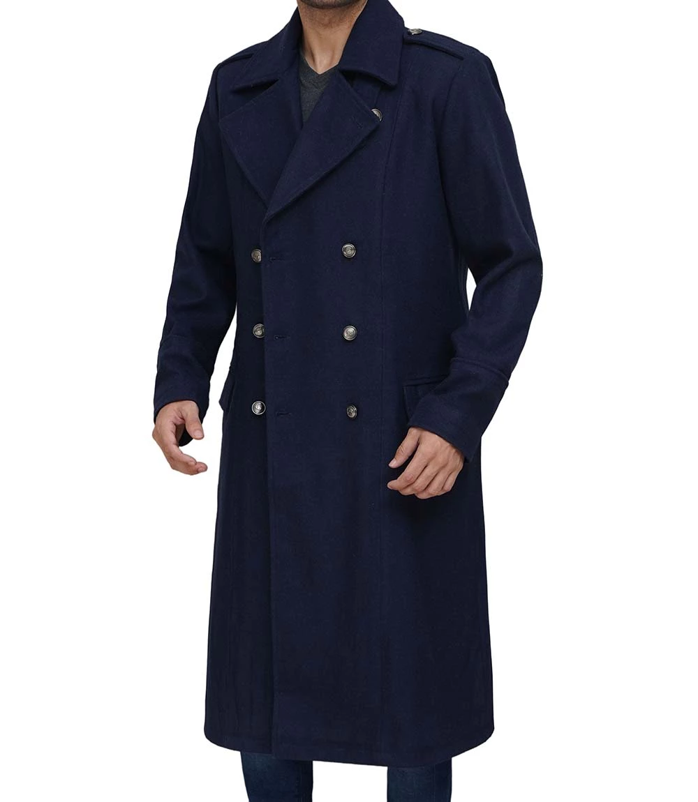 Navy Blue Men's Wool Overcoat - Military Long Coat