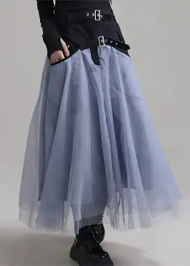 New Blue Pockets Elastic Waist Patchwork Tulle Skirt Summer AB1035