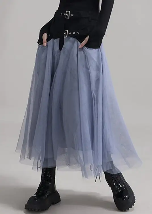 New Blue Pockets Elastic Waist Patchwork Tulle Skirt Summer AB1035