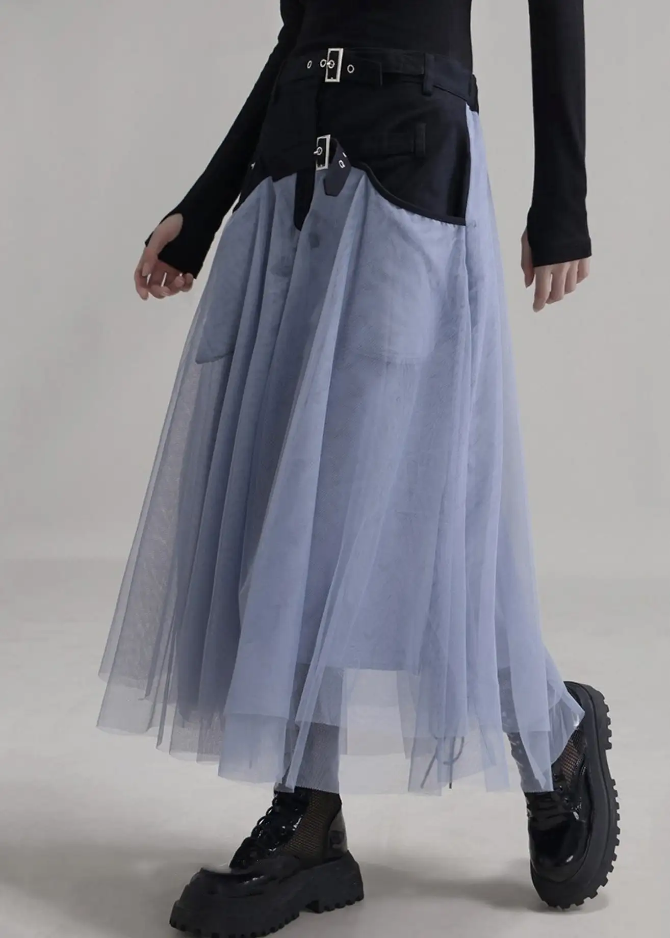 New Blue Pockets Elastic Waist Patchwork Tulle Skirt Summer AB1035