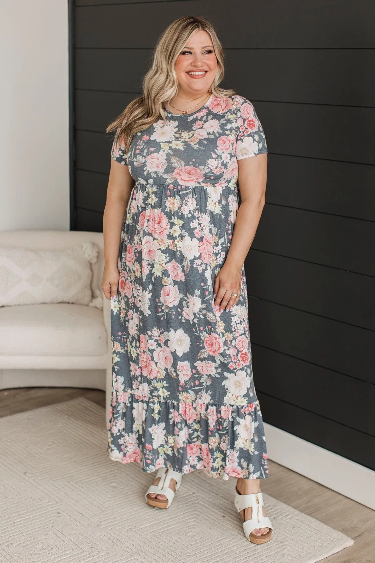 One Last Look Floral Maxi Dress- Charcoal & Pink