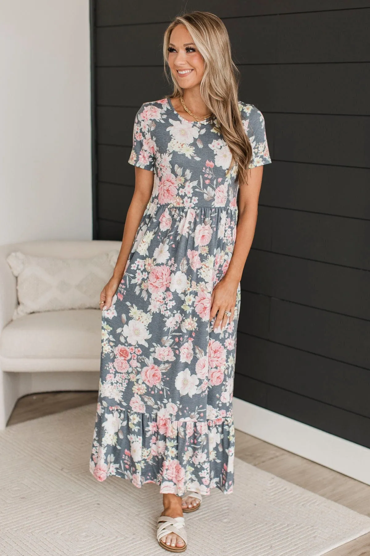 One Last Look Floral Maxi Dress- Charcoal & Pink