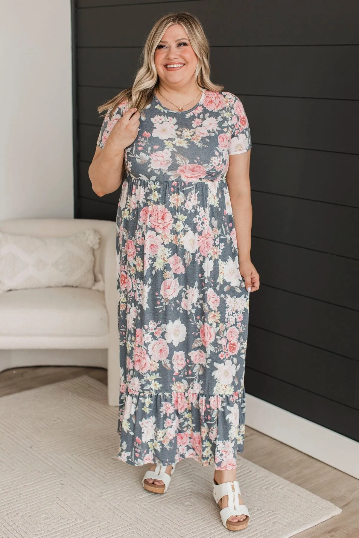 One Last Look Floral Maxi Dress- Charcoal & Pink