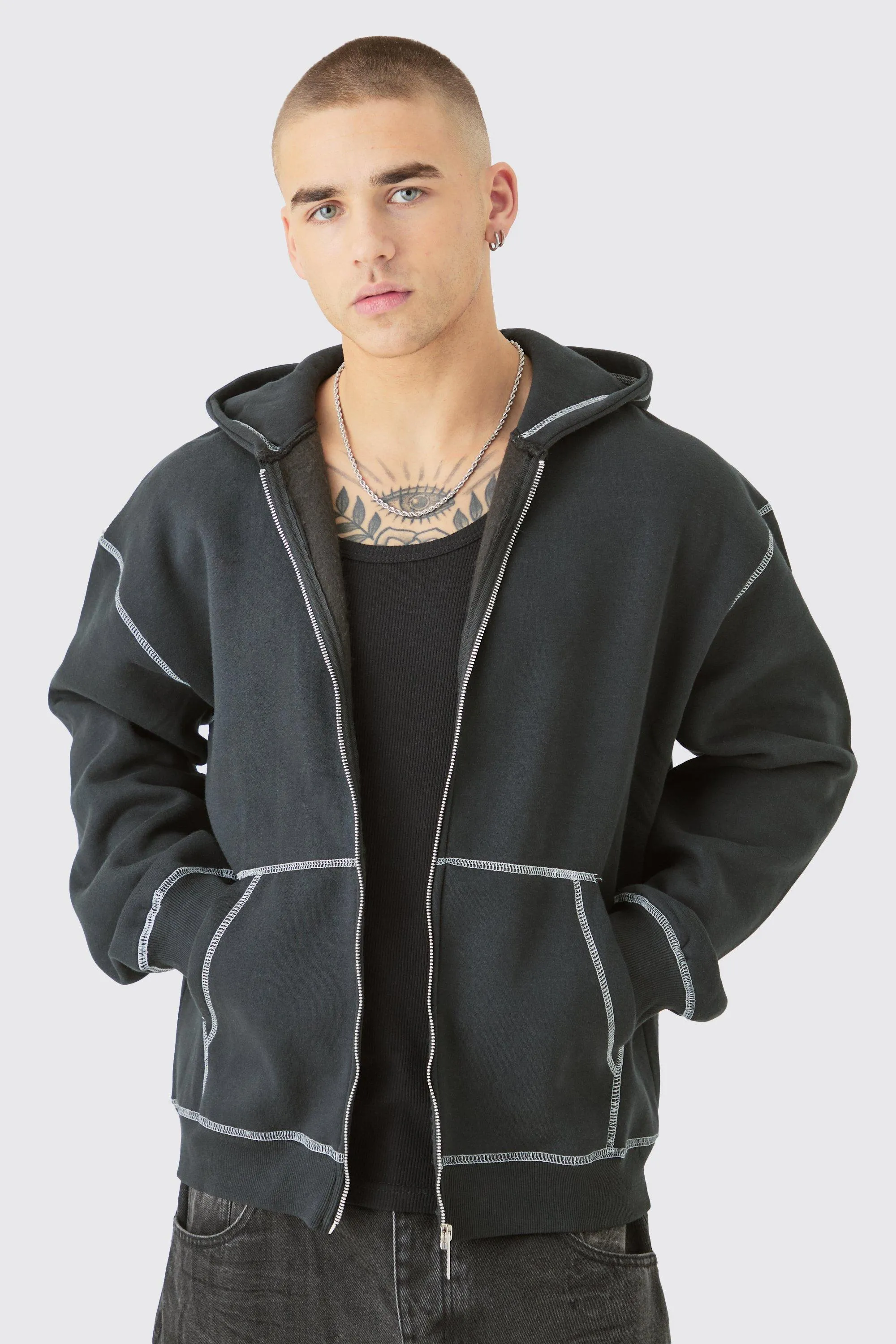 Oversized Contrast Stitch Zip Through Hoodie | boohooMAN UK