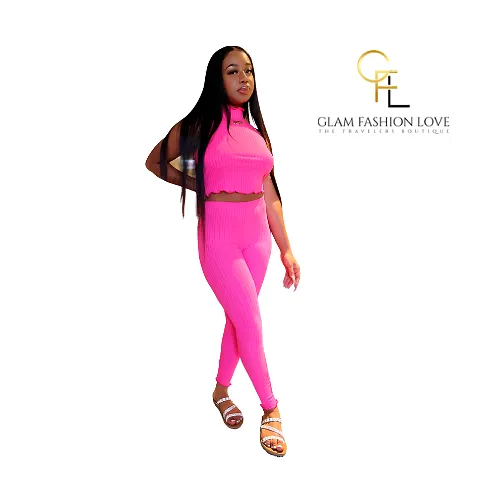 Pink Turtleneck sleeveless Pants set