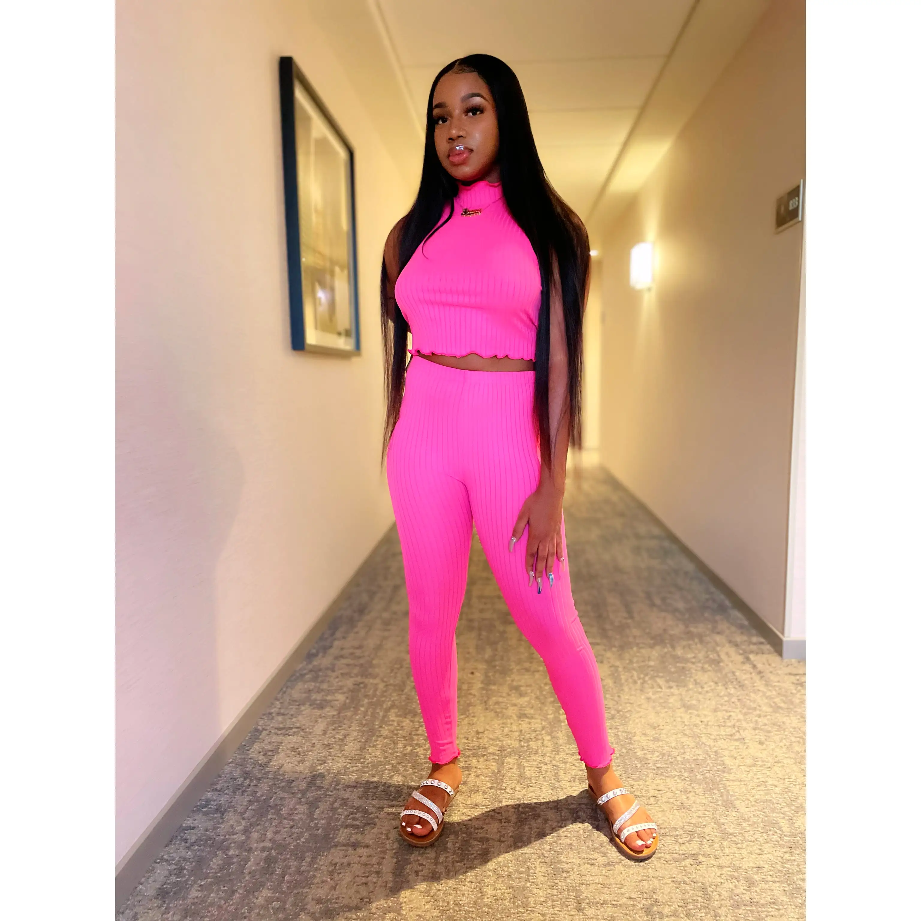 Pink Turtleneck sleeveless Pants set